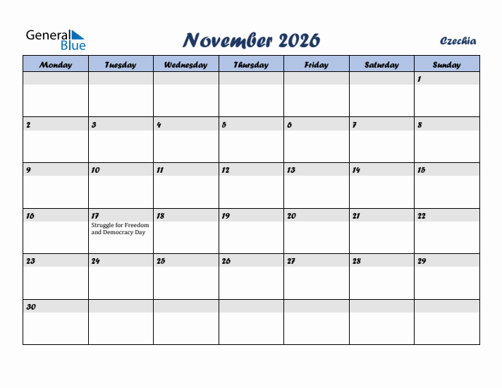 November 2026 Calendar with Holidays in Czechia