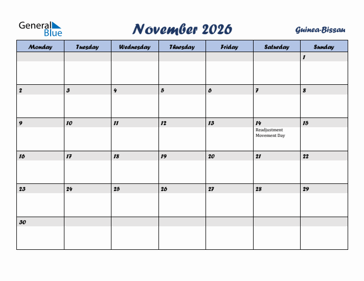 November 2026 Calendar with Holidays in Guinea-Bissau
