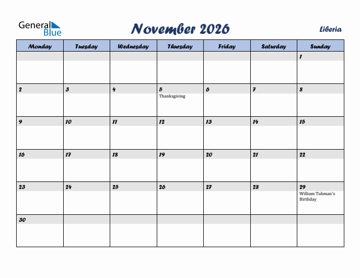 November 2026 Calendar with Holidays in Liberia