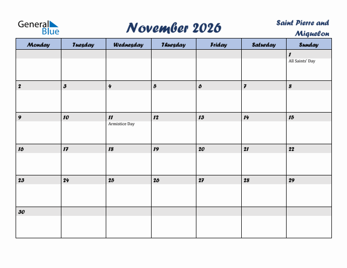 November 2026 Calendar with Holidays in Saint Pierre and Miquelon
