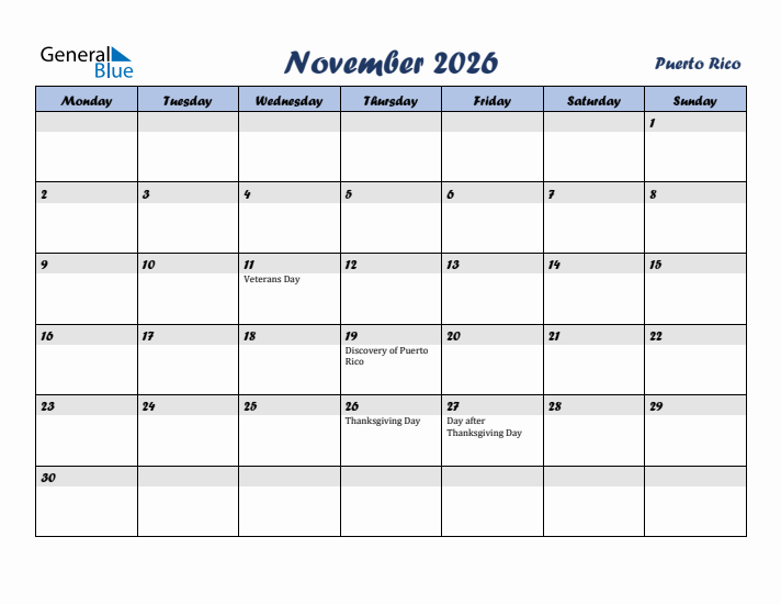 November 2026 Calendar with Holidays in Puerto Rico
