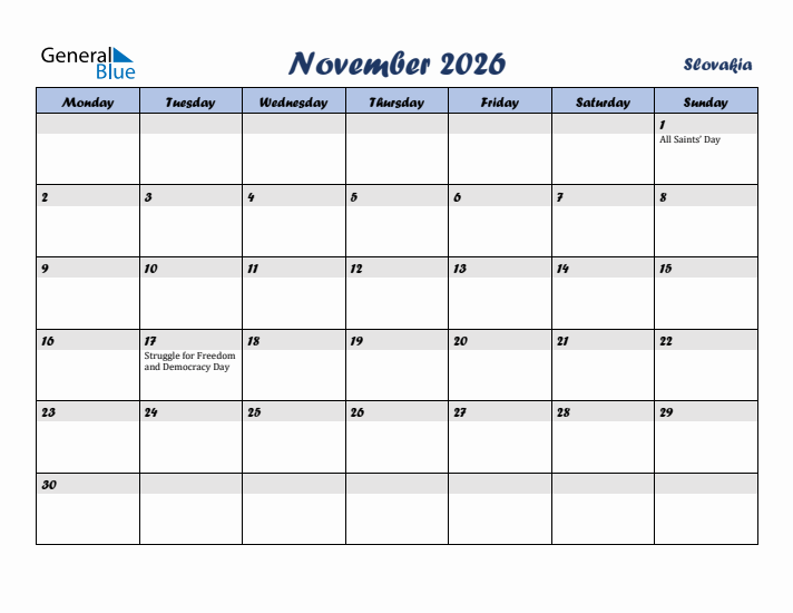 November 2026 Calendar with Holidays in Slovakia