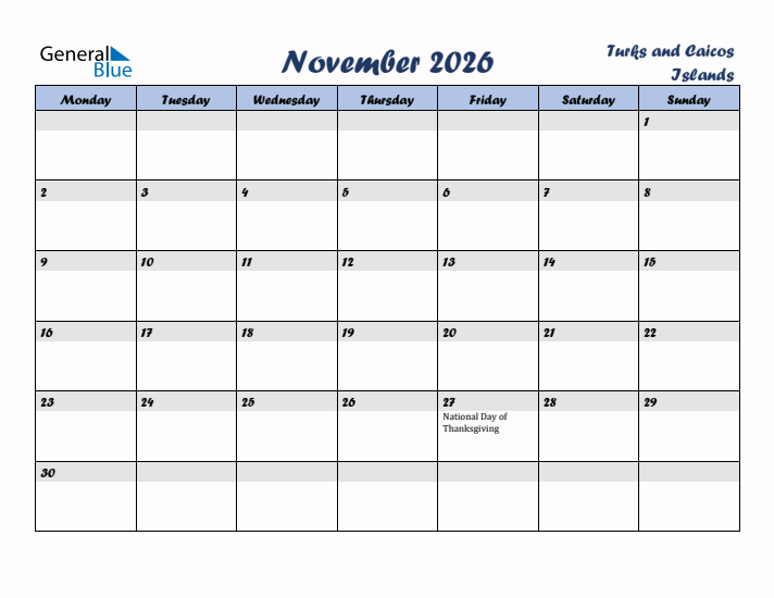 November 2026 Calendar with Holidays in Turks and Caicos Islands