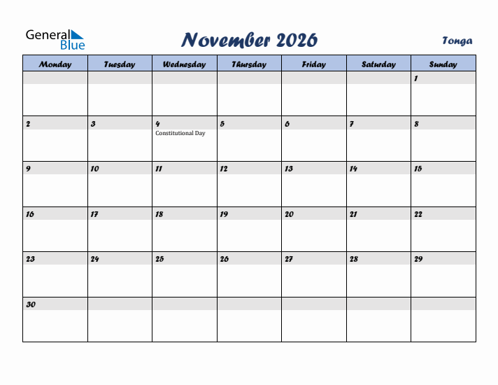 November 2026 Calendar with Holidays in Tonga