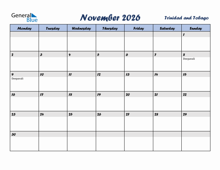 November 2026 Calendar with Holidays in Trinidad and Tobago