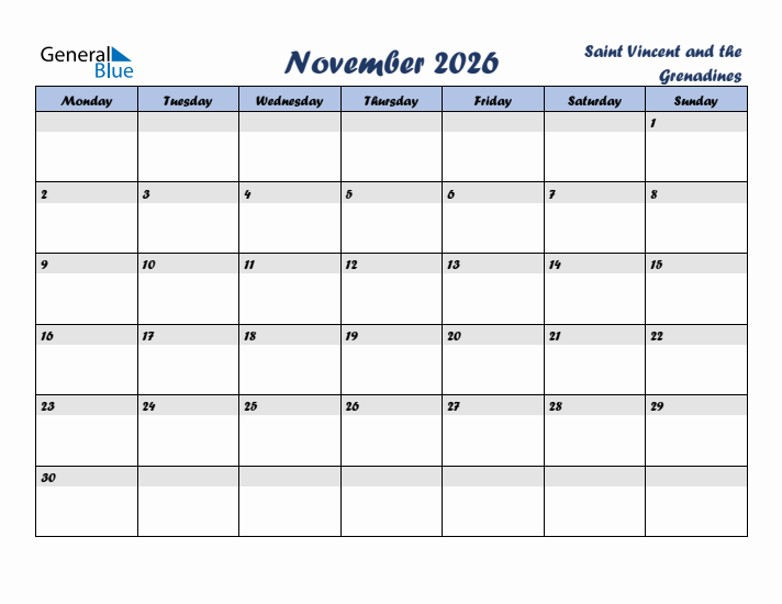 November 2026 Calendar with Holidays in Saint Vincent and the Grenadines