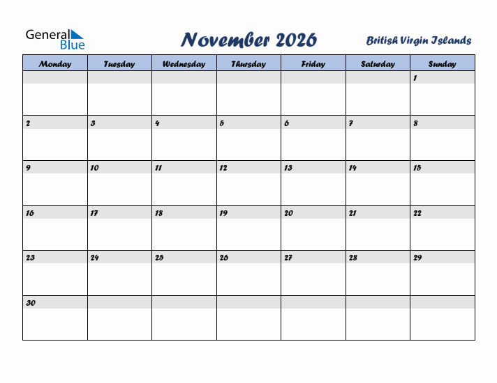 November 2026 Calendar with Holidays in British Virgin Islands