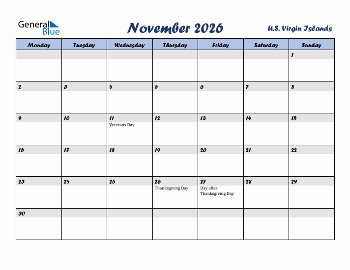 November 2026 Calendar with Holidays in U.S. Virgin Islands