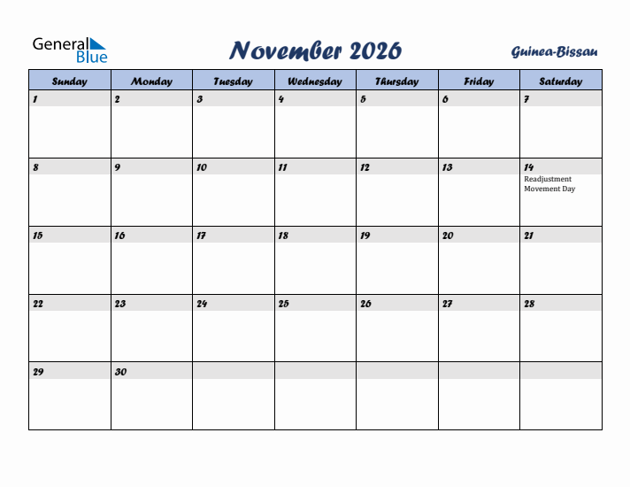 November 2026 Calendar with Holidays in Guinea-Bissau