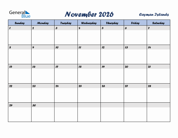 November 2026 Calendar with Holidays in Cayman Islands