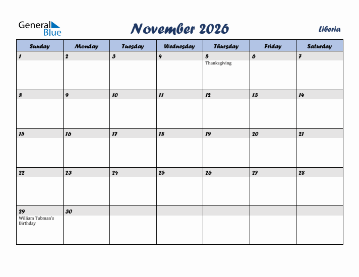 November 2026 Calendar with Holidays in Liberia