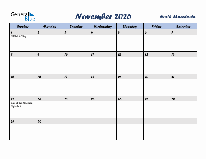 November 2026 Calendar with Holidays in North Macedonia
