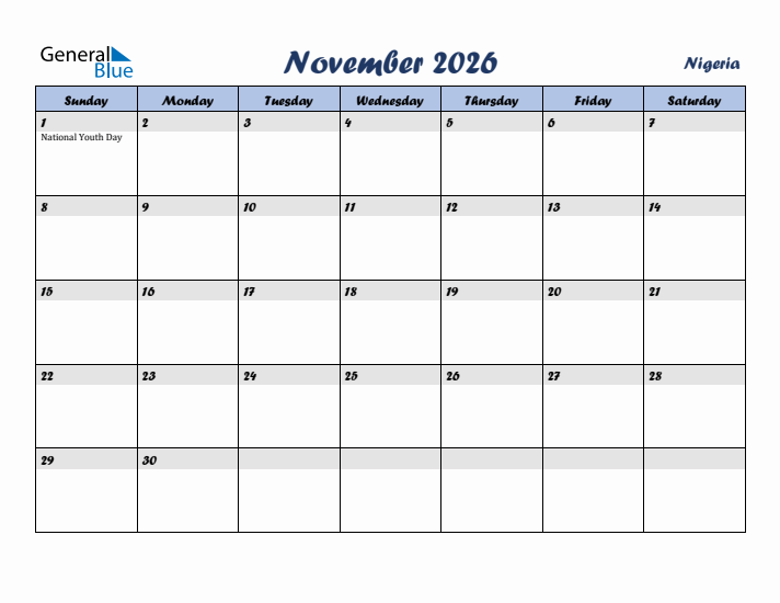 November 2026 Calendar with Holidays in Nigeria