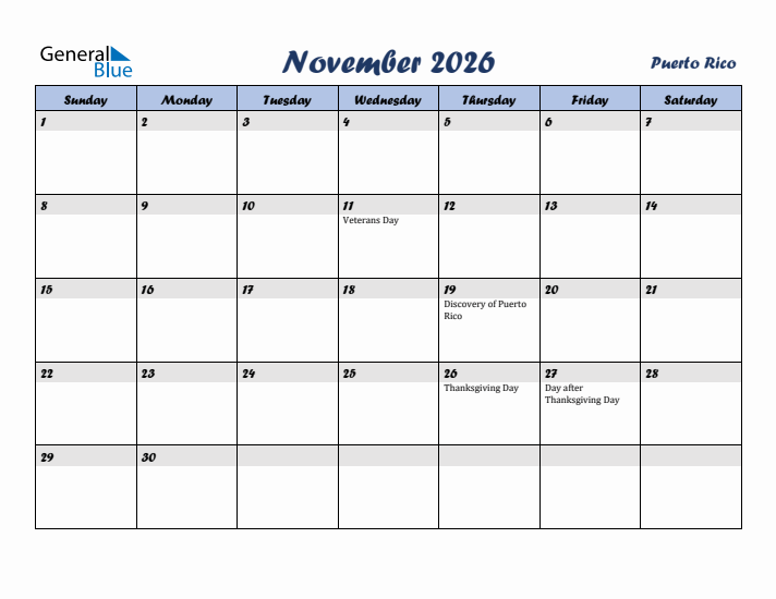 November 2026 Calendar with Holidays in Puerto Rico