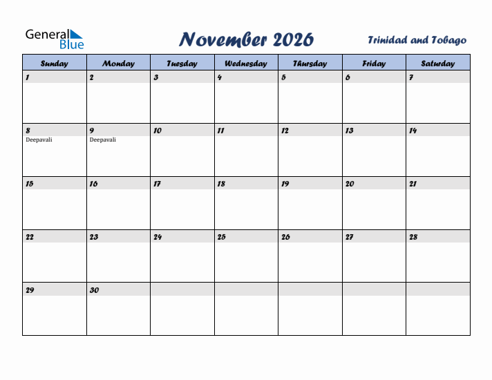 November 2026 Calendar with Holidays in Trinidad and Tobago