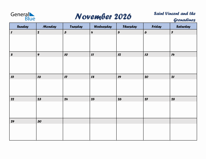 November 2026 Calendar with Holidays in Saint Vincent and the Grenadines