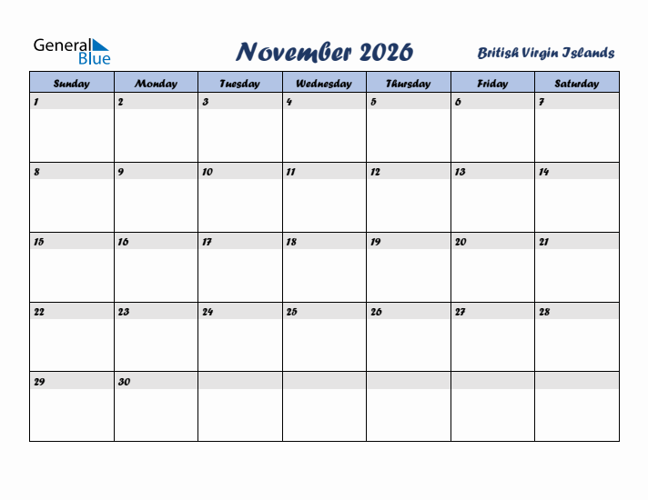 November 2026 Calendar with Holidays in British Virgin Islands