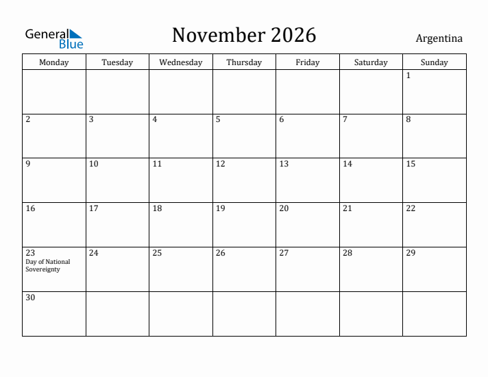November 2026 Calendar Argentina