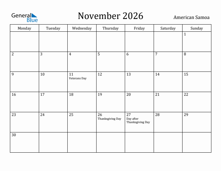 November 2026 Calendar American Samoa