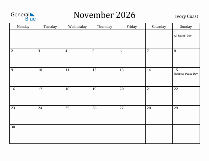 November 2026 Calendar Ivory Coast