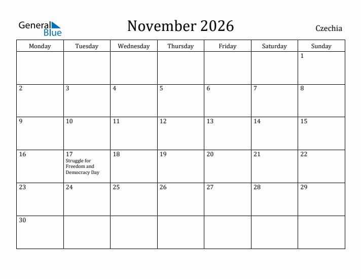 November 2026 Calendar Czechia
