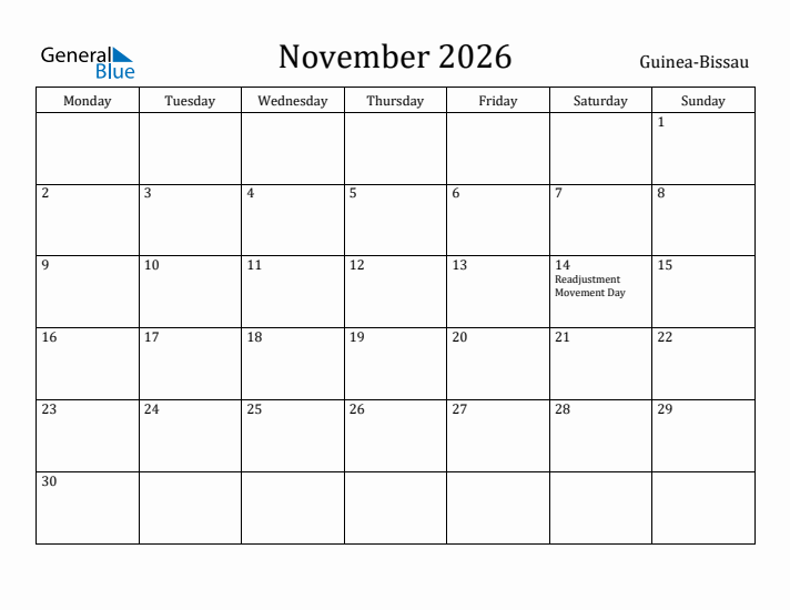 November 2026 Calendar Guinea-Bissau