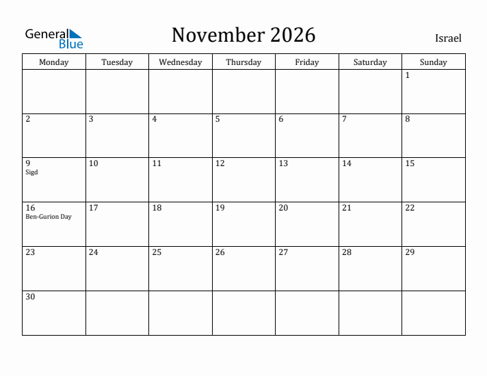 November 2026 Calendar Israel