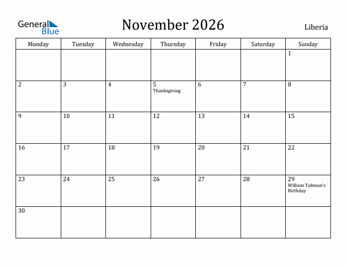 November 2026 Calendar Liberia