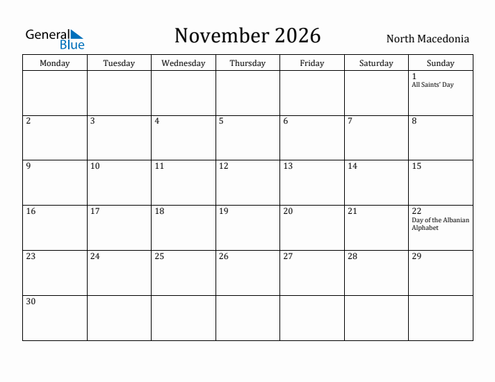 November 2026 Calendar North Macedonia
