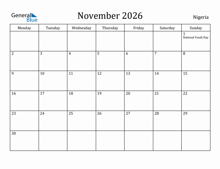 November 2026 Calendar Nigeria