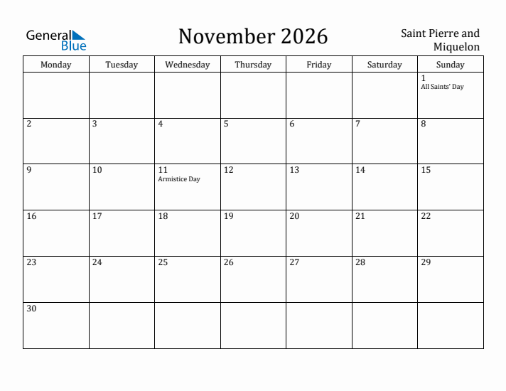 November 2026 Calendar Saint Pierre and Miquelon