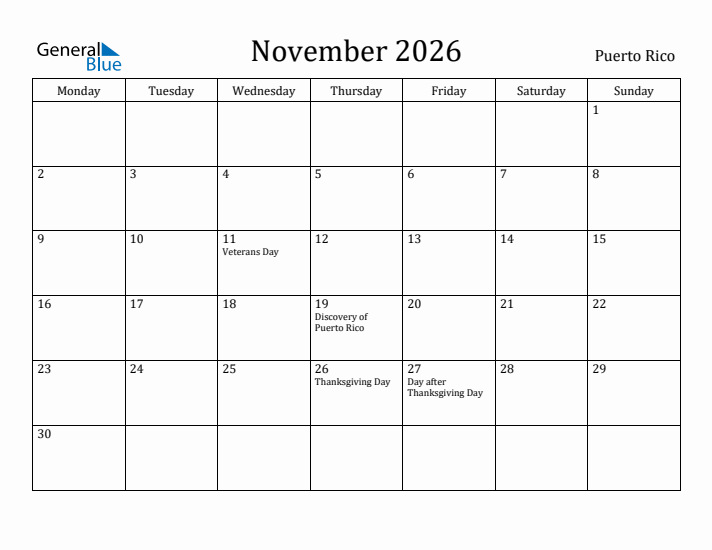 November 2026 Calendar Puerto Rico