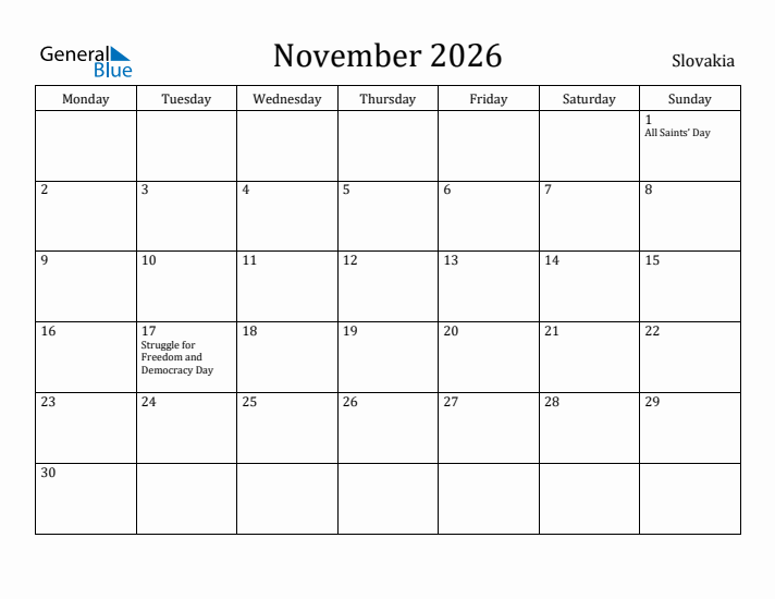 November 2026 Calendar Slovakia