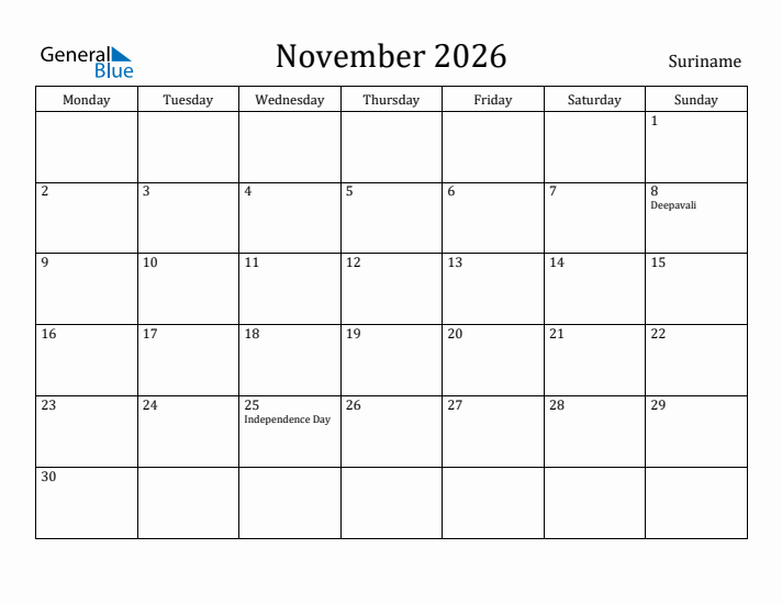 November 2026 Calendar Suriname