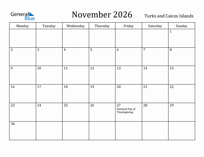 November 2026 Calendar Turks and Caicos Islands