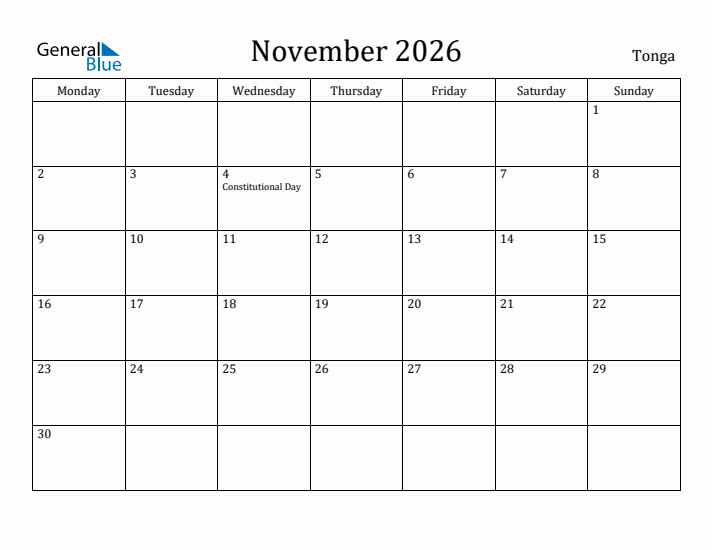 November 2026 Calendar Tonga