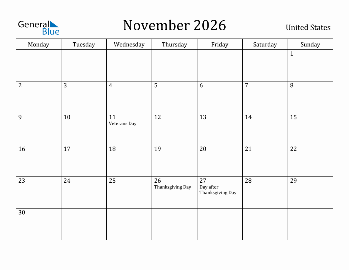 November 2026 United States Monthly Calendar with Holidays