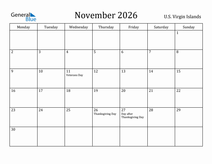 November 2026 Calendar U.S. Virgin Islands