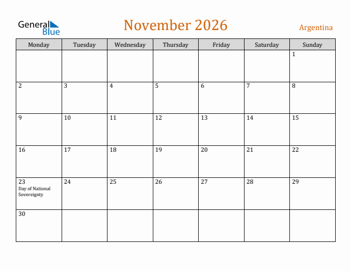 November 2026 Holiday Calendar with Monday Start