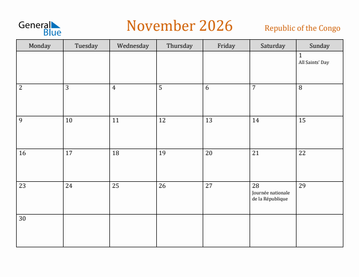 November 2026 Holiday Calendar with Monday Start