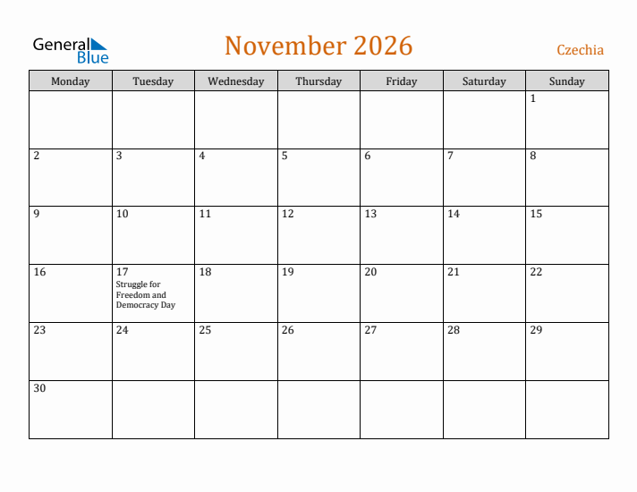 November 2026 Holiday Calendar with Monday Start