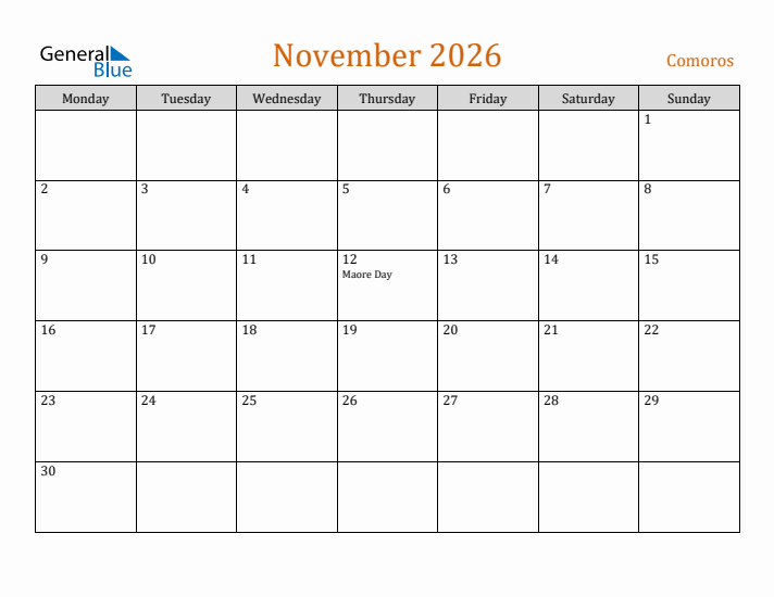November 2026 Holiday Calendar with Monday Start