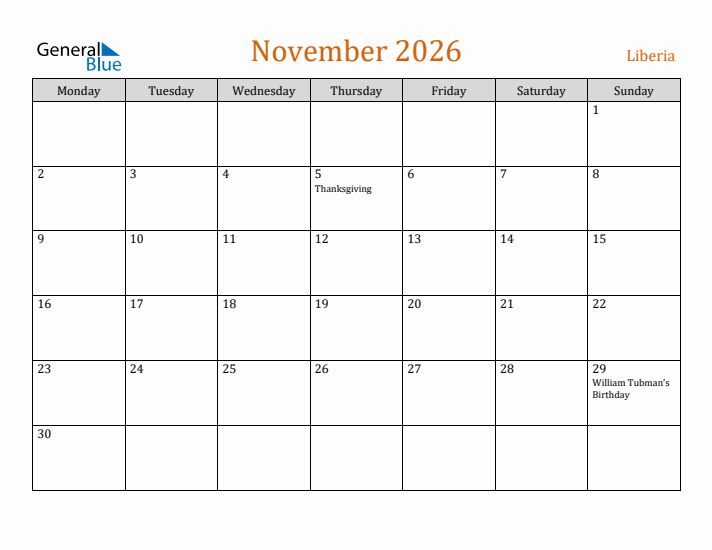November 2026 Holiday Calendar with Monday Start