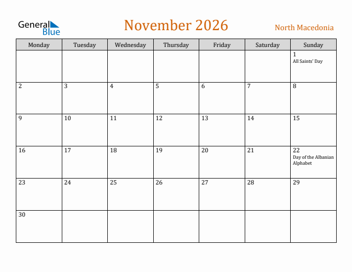 November 2026 Holiday Calendar with Monday Start