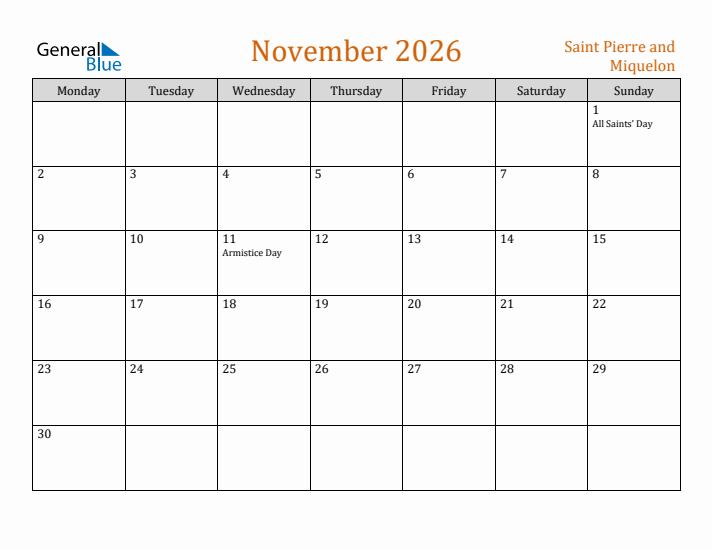 November 2026 Holiday Calendar with Monday Start