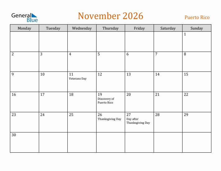 November 2026 Holiday Calendar with Monday Start