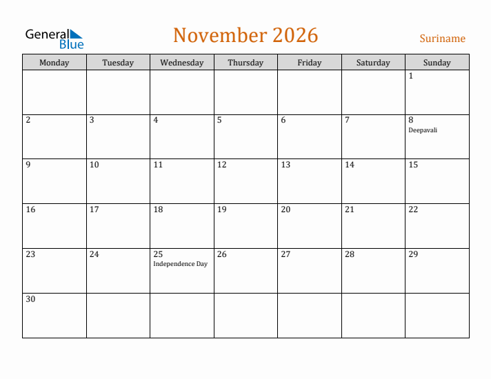 November 2026 Holiday Calendar with Monday Start