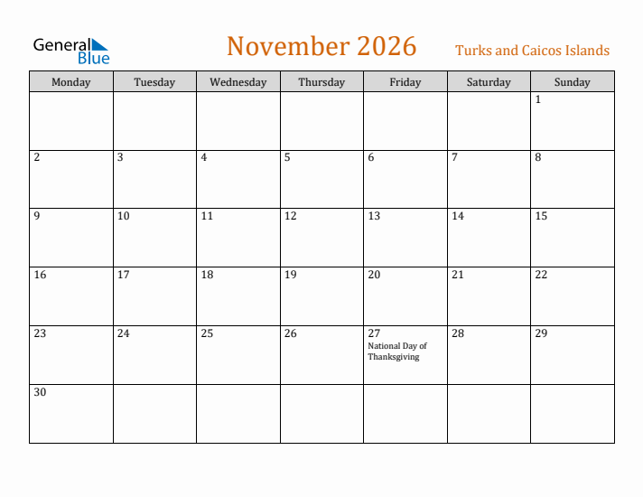 November 2026 Holiday Calendar with Monday Start