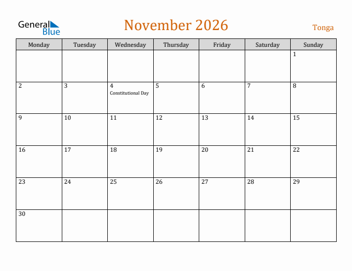 November 2026 Holiday Calendar with Monday Start