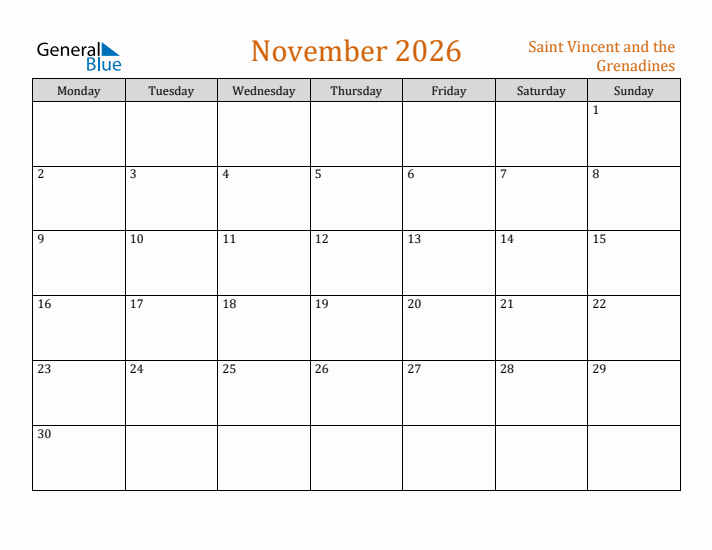 November 2026 Holiday Calendar with Monday Start